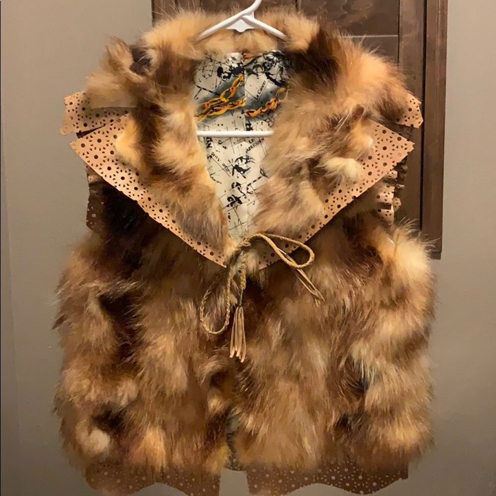 Faux fur vest with leather trim